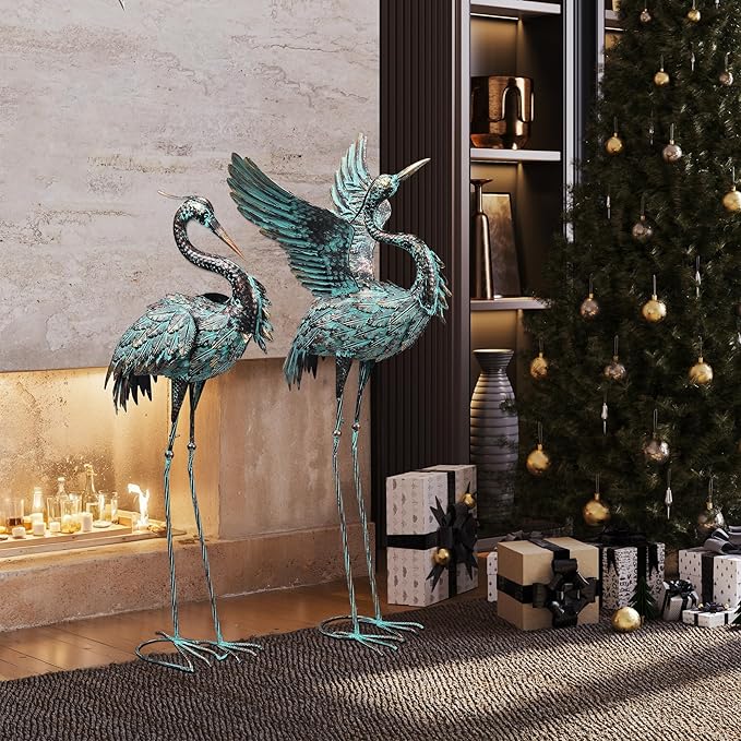 Garden Statues Large Metal Crane Sculptures, Outdoor Heron Metal Statue Yard Art for Garden Decor, Realistic Bird Art for Outdoor Decor, Standing Lifelike, Water&Rust-Proof, Set of 2 Bronze