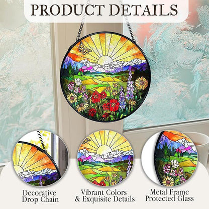 kdqua Sunshine Flower Suncatcher Stained Glass Window Hanging, Cottagecore Sunset Wildflower Sun Catchers Indoor Window Glass Round Wall Decor, Floral Wall Art Hanging Decorations Statues, 7.9x7.9in