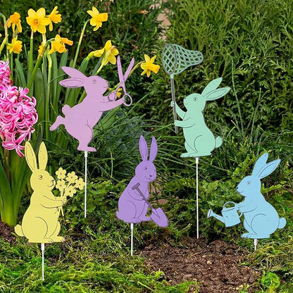Leinuosen 5pcs Easter Bunny Garden Stakes 13 inch Metal Easter Yard Decor Colorful Finish Outdoor Garden Stakes Bunny Silhouette Set for Lawn Planter Flower Pot Pathway Spring Decoration(Colorful)