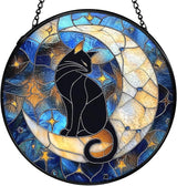 Cat Suncatcher, Black Cat on Moon Suncatchers Stained Glass Window Hanging, Celestial Moon and Star Sun Catchers Indoor Window Glass Round Wall Decor, 7.9x7.9in