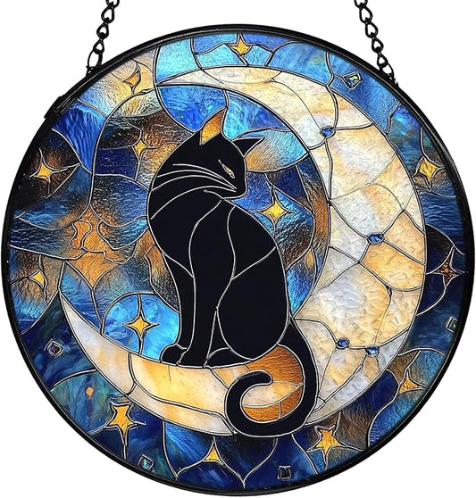 Cat Suncatcher, Black Cat on Moon Suncatchers Stained Glass Window Hanging, Celestial Moon and Star Sun Catchers Indoor Window Glass Round Wall Decor, 7.9x7.9in