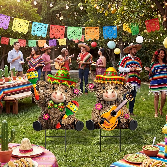 Amyhill 2 Pcs Mexican Fiesta Metal Outdoor Decor Cinco De Mayo Garden Stakes Highland Cow Welcome Yard Signs Decorations Garden Stakes for Mexican Western Cowboy Patio Lawn Walkway Outside Decor