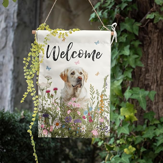 Floral White Lab Garden Flag Spring Summer Yard Flag Flower Dog Labrador Garden Flags for Outside Small Outdoor Welcome Flags 12x18 Double Sided