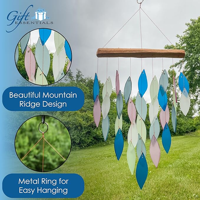 Blue Handworks Mountain Ridge Waterfall & Driftwood Chime, Sandblasted Glass and Found Wood Handcrafted Wind Chime