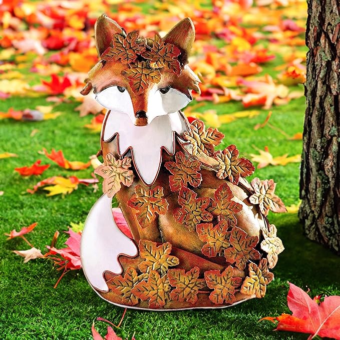 Teaeeno Metal Fox Garden Statue - Standing Fox Yard Art Decor, Maple Leaf Outdoor Lawn Art, Perfect for Patio