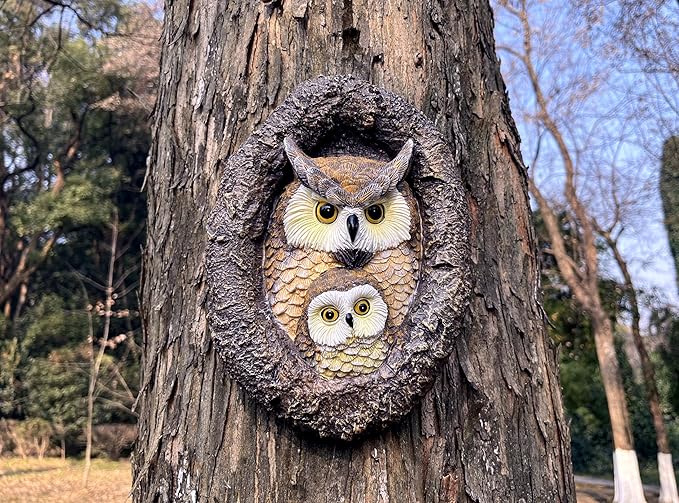 Resin Owl Mum&Baby Tree Hugger- Hanging Statue for Tree Decoration-Outdoor Tree Décor for Garden Yard Fence-9.5 Inch(Owl Mum&Baby)