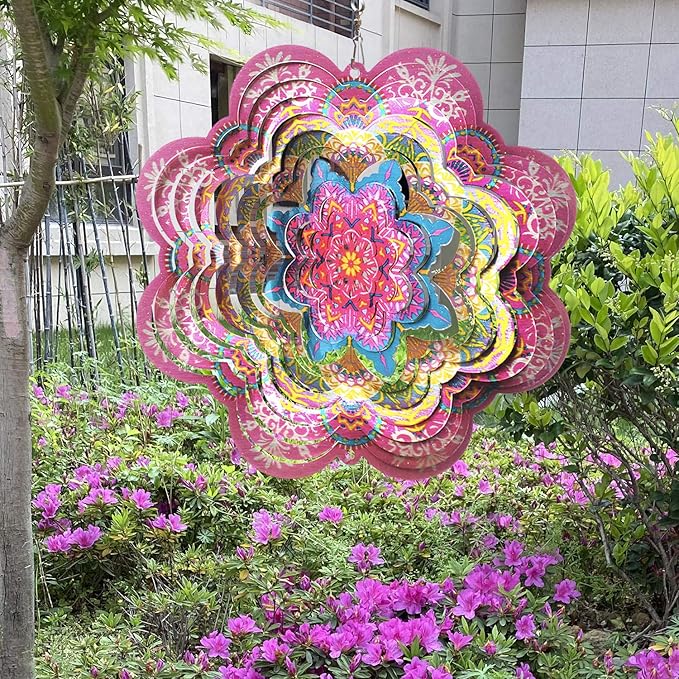 FONMY Wind Spinner 3D Stainless Steel by Laser Cut Indoor/Outdoor Garden Decoration Crafts Ornaments Kinetic Yard Art Decorations 6 inches Pink Flower Mandala Wind Spinners