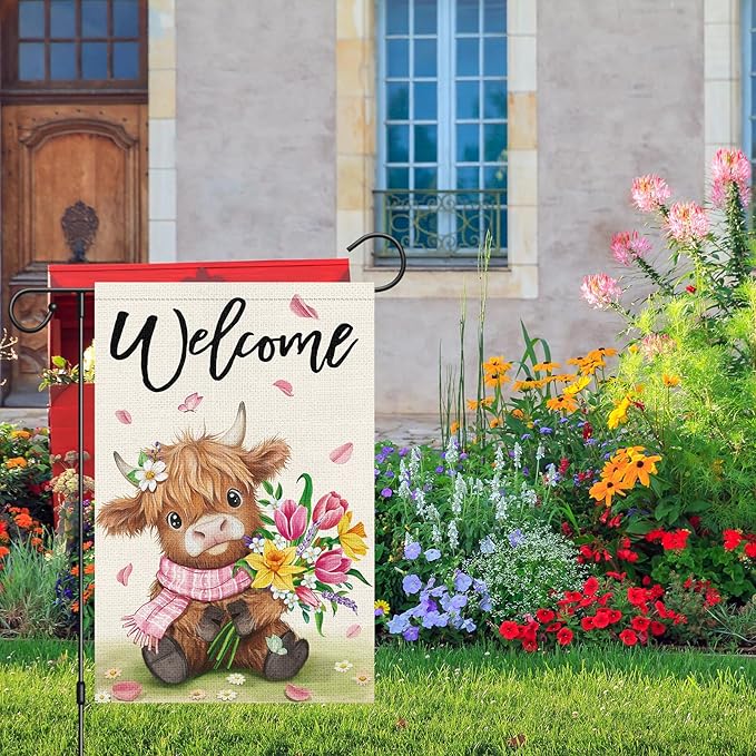 Heyfibro Welcome Spring Summer Highland Cow Garden Flag 12x18 Double Sided Burlap, Flower Bouquet Butterfly Yard Banner for Holiday Farmhouse Yard Outdoor Decor(ONLY FLAG)