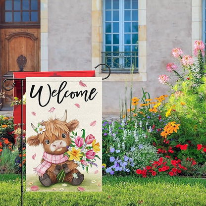 Heyfibro Welcome Spring Summer Highland Cow Garden Flag 12x18 Double Sided Burlap, Flower Bouquet Butterfly Yard Banner for Holiday Farmhouse Yard Outdoor Decor(ONLY FLAG)