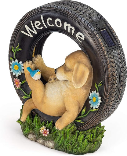 VP Home Chillaxing Welcome Puppy Dog Solar Powered LED Garden Light Welcome Chillax Puppy Statue Outdoor Funny Figurine Decor for Patio, Yard, Lawn