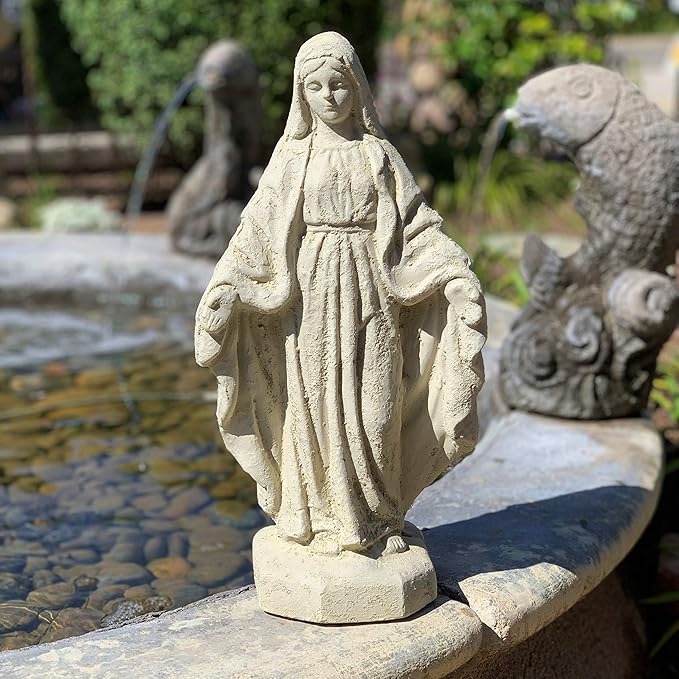 Traditional Virgin Mary Statue: Solid Durable Stone Statue with Distressed Texture. Perfect Home Design & Sealed for Outdoor Use. Handcrafted USA. (Classic/White)