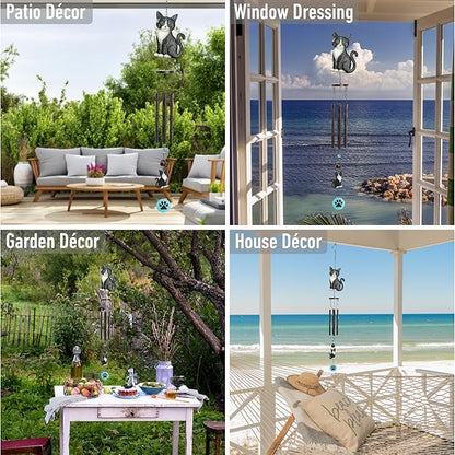 CoTa Global Tuxedo Cat Wind Chime - Pet-Themed Metal Hanging Decor with Dark-Tone Wind Chime Tubes and Beaded Accents, Indoor Outdoor Porch Patio Garden Decoration - 33.5 Inches
