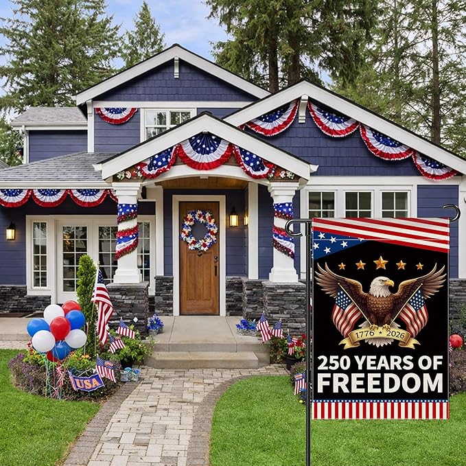 250th Anniversary America Garden Flag, 250 Anniversary USA Flag Patriotic Banner 250 Years of Freedom Yard Sign Eagle Design 4th of July Double-Sided Waterproof 1776-2026 Commemorative Flag 12x18 Inch