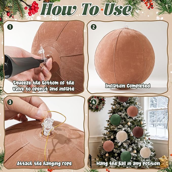 8 PCS 8 Inch Large Christmas Inflatable Ball, Outdoor Hanging Ornament Velvet Xmas Balls with 4 Colors, Neutral Christmas Decoration Ball for Yard Lawns Porch Garden Front Door Holiday Decor