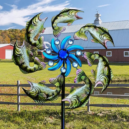 58" Metal Green Fish Wind Spinners Garden Stake -Ocean Theme Windmill Outdoor Decorations, Colorful Garden Wind Spinner Outside Decor, Wind Sculptures Lawn Decor for Yard Patio, Backyard