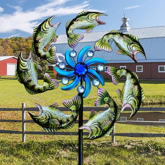 58" Metal Green Fish Wind Spinners Garden Stake -Ocean Theme Windmill Outdoor Decorations, Colorful Garden Wind Spinner Outside Decor, Wind Sculptures Lawn Decor for Yard Patio, Backyard