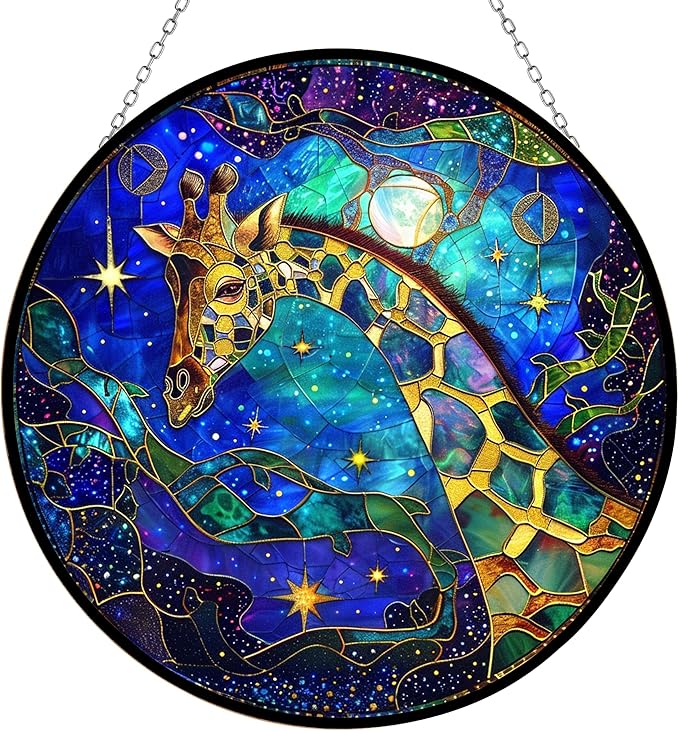 Giraffe Suncatcher Stained Glass Window Hanging Handmade Stained Glass Suncatchers Decoration with Metal Chain Outdoor Garden Decor Gift for Women Christmas Thanksgiving Gifts
