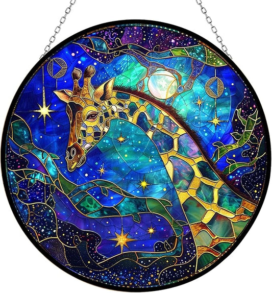 Giraffe Suncatcher Stained Glass Window Hanging Handmade Stained Glass Suncatchers Decoration with Metal Chain Outdoor Garden Decor Gift for Women Christmas Thanksgiving Gifts