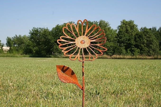 Metal Rustic and Colorful Flower Stakes Ranging from 9.5 to 36 Inches Tall (Daisy Stake 23" Tall, Naturally Rusted)