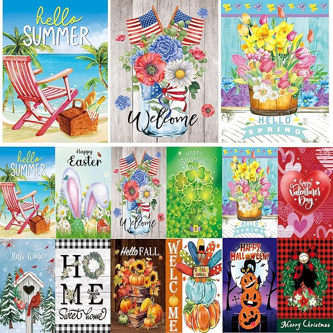 Seasonal Garden Flags Set of 12-Double Sided 12 x 18 Inch Outside Yard Flags, Small Flags for Outside, Holiday Garden Flags for All Seasons, Spring Easter Summer 4th of July Outdoor Flags