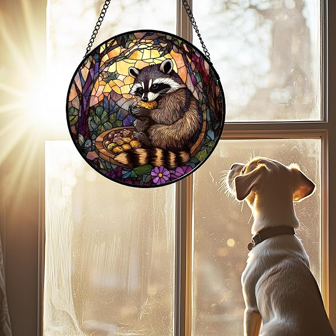 Stained Glass Window Hanging Brown Raccoon Forest Scenery Large 11.8" - Suncatcher Door Garden Sunroom Sun Catcher Home Decor Birthday Christmas for Mom Men Woman Nana