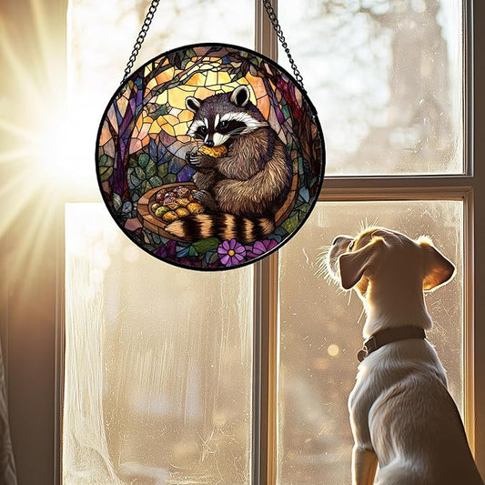 Stained Glass Window Hanging Brown Raccoon Forest Scenery 6.3" - Suncatcher Door Garden Sunroom Sun Catcher Home Decor Birthday Christmas for Mom Men Woman Nana