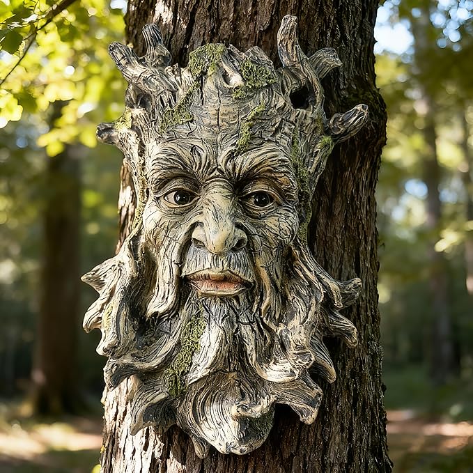 Teaeeno Whimsical Tree Face Garden Decoration, 10.2 in Tree Faces Decor Outdoor Wallmounted Statue Art with Leaf Features, Outdoor Decor Garden Accessory (Nature and Outdoors)