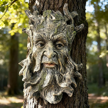 Teaeeno Whimsical Tree Face Garden Decoration, 10.2 in Tree Faces Decor Outdoor Wallmounted Statue Art with Leaf Features, Outdoor Decor Garden Accessory (Nature and Outdoors)