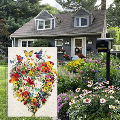 Spring Summer Birds Flowers Butterflies Garden Flag for Outside, Colorful Floral Love Hearts Outdoor Yard Flag 12x18 Inch Double Sided Burlap