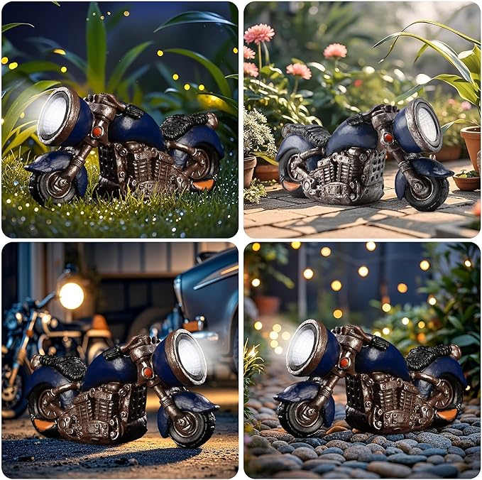 Etlemonde Solar Vintage Style Motorcycle Statue, Resin Rustic Retro Sculpture with LED Lights,Outdoor Art Decor for Garden Courtyard Lawn, Ideal Housewarming、Birthday Gift for Motorcycle Enthusiasts