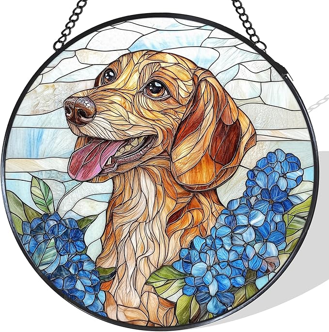 Dachshund Hydrangea Stained Glass Window Hanging Suncatcher, Weiner Dog Sun Catcher Indoor Window, Dachshund Gifts for Women, Dog Painted Glass Round Wall Hanging Decorations, 7.8x7.8 in