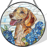 Dachshund Hydrangea Stained Glass Window Hanging Suncatcher, Weiner Dog Sun Catcher Indoor Window, Dachshund Gifts for Women, Dog Painted Glass Round Wall Hanging Decorations, 7.8x7.8 in
