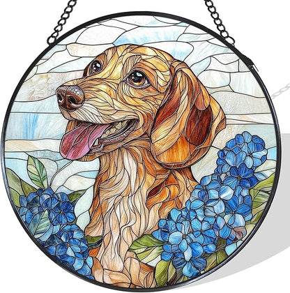 Dachshund Hydrangea Stained Glass Window Hanging Suncatcher, Weiner Dog Sun Catcher Indoor Window, Dachshund Gifts for Women, Dog Painted Glass Round Wall Hanging Decorations, 7.8x7.8 in