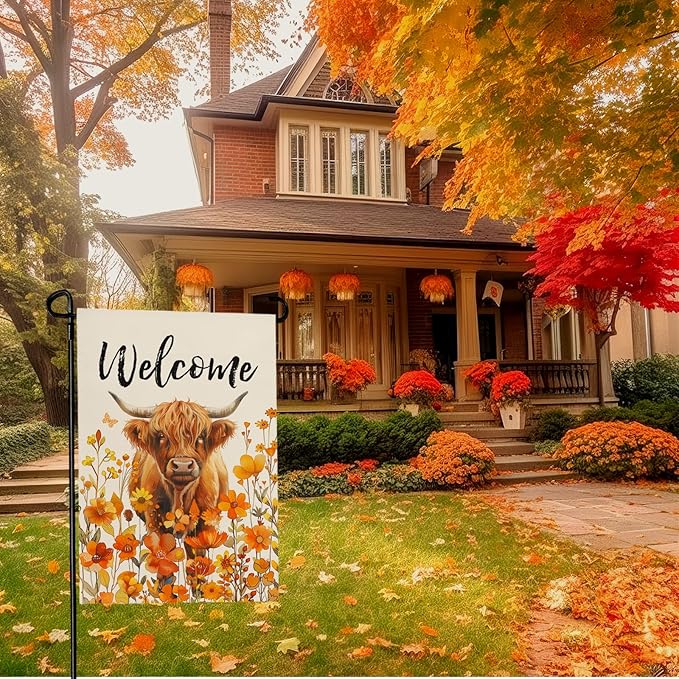 Welcome Fall Highland Cow Garden Flag Highland Cow with Flowers Burlap Yard Flag Seasonal Autumn Bull Butterfly House Banner for Farmhouse Rustic Holiday Outdoor Decor 12x18 Inch