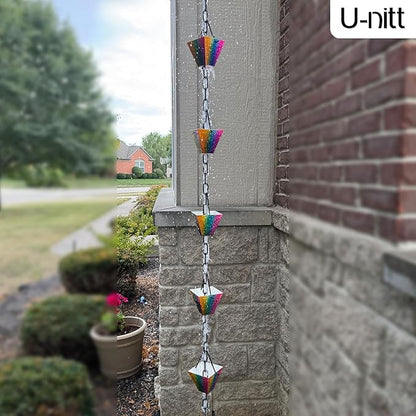 U-nitt Rain Chain Water Collection for Gutters Rainwater Catcher & Diverter, 8.5 FT Chains for Outside Garden, Rainbow Square Cups, Roof Downspout, Works with Heavy Rain, w/ Gutter Clip for Rainchains