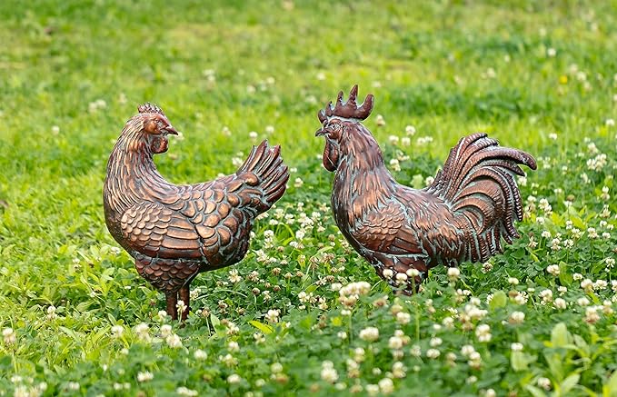 Metal Chicken Decor for Yard and Garden Large Rooster & Hen Garden Statues & Sculptures Antique Copper Outdoor Chickens Yard Art for Backyard Patio Lawn Home Kitchen Farmhouse Decorations