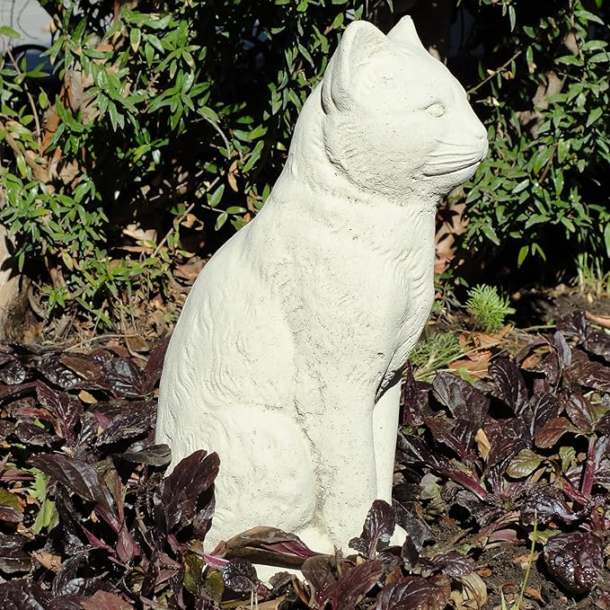 Vintage Sitting Cat: Solid Durable Stone with Distressed Texture. Perfect for Home Decor & Sealed for Outdoor Use. Handcrafted USA. (Classic/White)