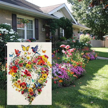 Spring Summer Birds Flowers Butterflies Garden Flag for Outside, Colorful Floral Love Hearts Outdoor Yard Flag 12x18 Inch Double Sided Burlap