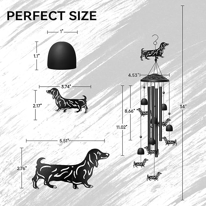 Dachshund Wind Chimes for Outside, Decorative Wind Chimes Dachshund Gifts for Women/Men, Memorial/Birthday Gifts, Garden Decor for Outside, Patio or Yard, Durable Chimes for Outdoors (Black)