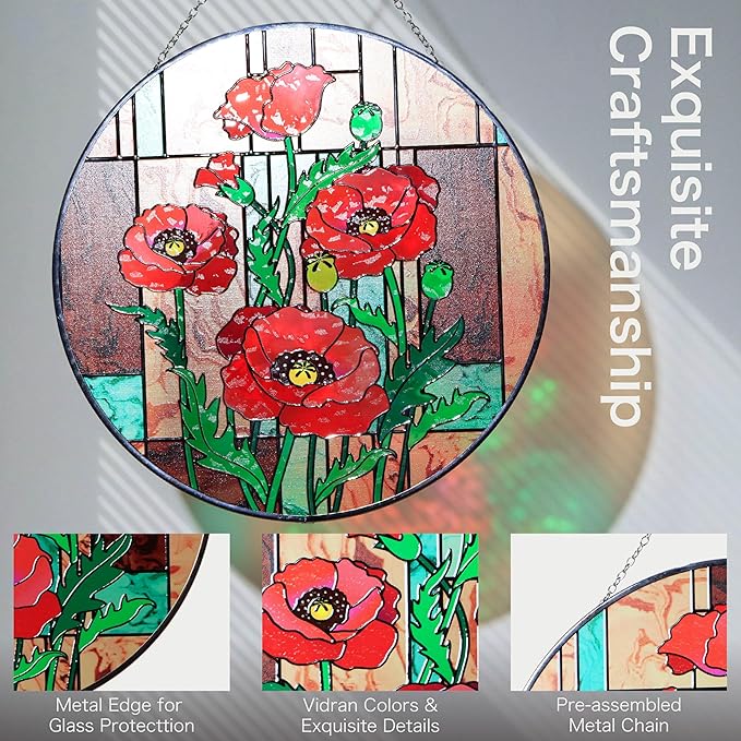 Hanway Suncatcher in Colorful Stained Glass 12" Dia - Genuine Brightly Colored Glass, Protective Metal Edge, Ready to Use Hanging Chain, for Window, Garden (Poppy Flower)