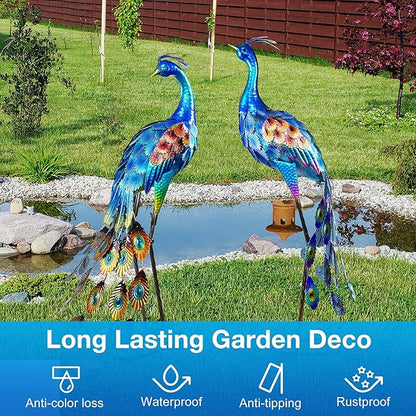 33.4“ Lifelike Metal Peacock Garden Sculptures Set of 2 - Hand-Painted Garden Peacock Sculpture Art and Durable Yard Art Outdoor - Garden Large Peacock Decorations for Patio Lawn or Backyard