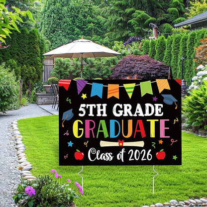 5th Grade Grad Yard Sign - Class of 2026 Fifth Grade Graduate Lawn Sign with Stake School Congrats Graduation Decors Colorful Waterproof Graduation Party Favors for Outdoor Garden Photo Booth Props