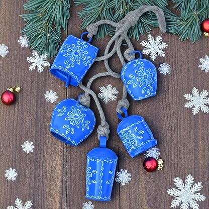 Hand-Painted Christmas Bell Wind Chime 25”– 5 Hanging Metal Witch Cow Bells Floral Design – Outdoor & Indoor Rustic Decor for Garden, Patio, Porch, Balcony, Entryway, Farmhouse,Gift (Sky Blue)