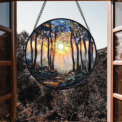 DASTOLL Stained Glass Window Hanging, Forest Sunrise Smoke Blue Brown Tree Suncatcher for Doors Window Home Landscape Sun Catchers Decor Mother's Day Birthday Gifts for Women, Men Mom 7.8 in
