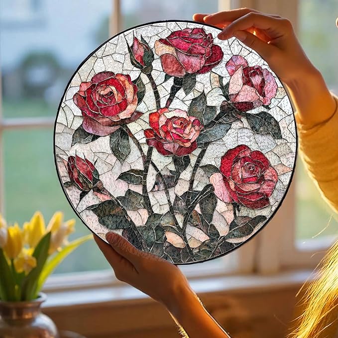 Pink Red Roses Stained Glass Window Hanging Suncatchers Valentine Roses Glass Panel Hangings Vintage Floral Window Decor Flowers Lovers Gift for Women Mom Spring Garden Nature Ornament 7.9inch