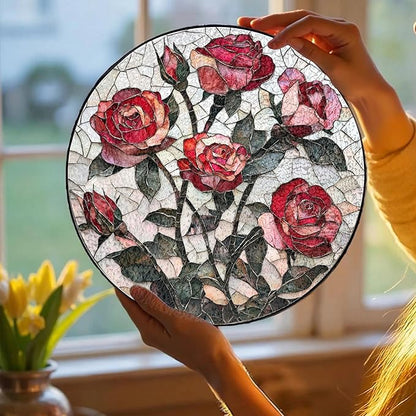 Pink Red Roses Stained Glass Window Hanging Suncatchers Valentine Roses Glass Panel Hangings Vintage Floral Window Decor Flowers Lovers Gift for Women Mom Spring Garden Nature Ornament 11.8inch