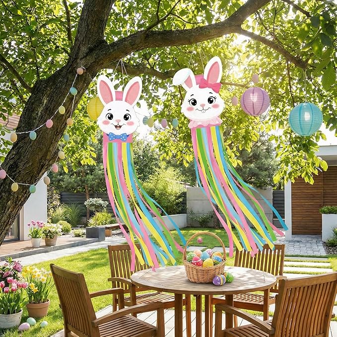 2PCS Easter Windsocks Outdoor Decorations Bunny Spring Hanging Floating Face Wind Socks for Yard Garden Porch Patio Decor
