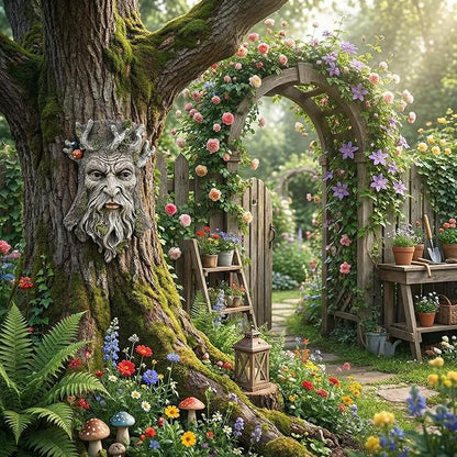 Tree Face Garden Statues Outdoor Decoration Clearance, Whimsical Old Man Tree Faces for Fence Hugger Sculpture, Wallmount Statue Fairy Art with Mushroom, Patio Home Hanging Decor, 6.9" x 2.8" x 9.8"