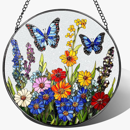 Stained Glass Window Hanging, 8 Inch Stained Glass Suncatcher Ornament, Suncatchers for Windows Hanging, Window Decor, Gift for Mothers Day, Butterfly Lover Gifts, Flower Lover Gifts