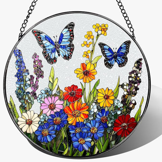 Stained Glass Window Hanging, 8 Inch Stained Glass Suncatcher Ornament, Suncatchers for Windows Hanging, Window Decor, Gift for Mothers Day, Butterfly Lover Gifts, Flower Lover Gifts